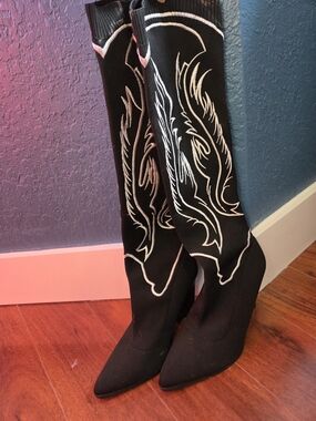 Black Embroidered Knee-High Western Boots
